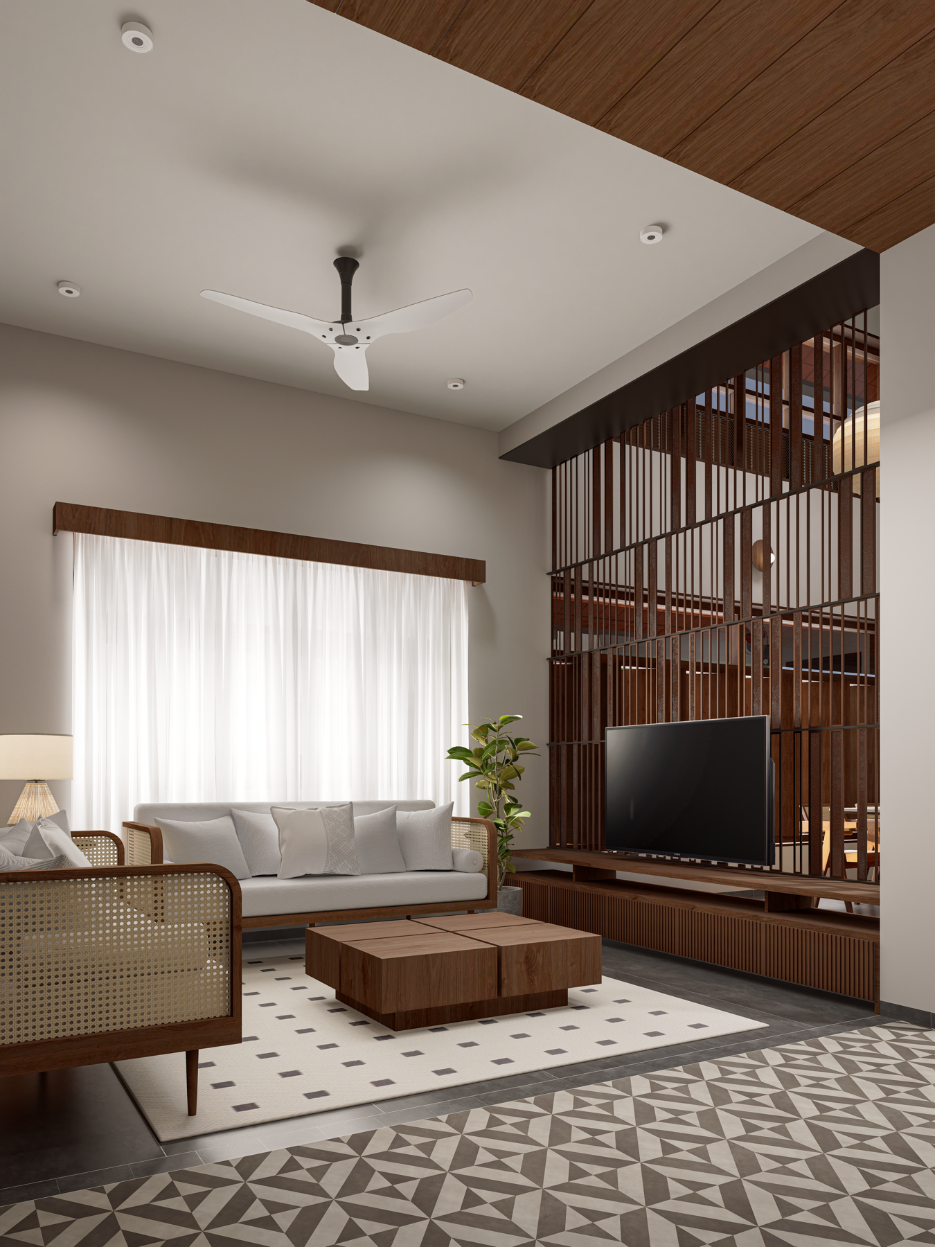 Residential interior rendering with warm timber detailing